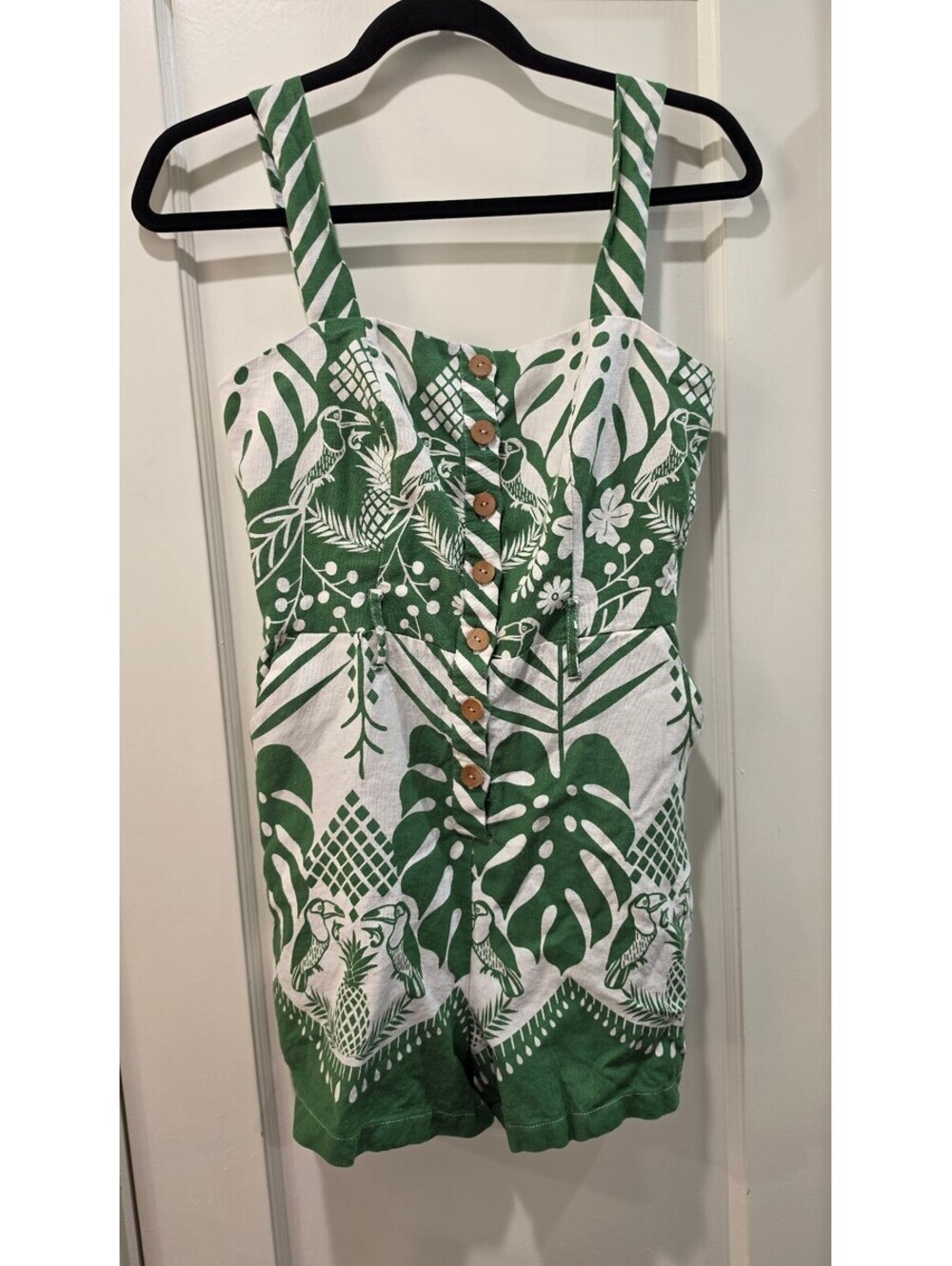 Rachel Zoe Green and White Linen Blend Romper Size 6